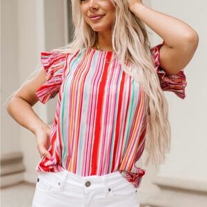 Striped Multicolor Ruffle Sleeve Top